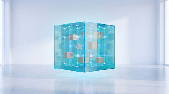 Cardboard Parcel Embedded Inside a Transparent Digital Cube