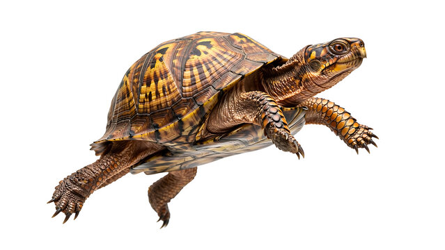 Side view of a brown and yellow patterned tortoise walking isolated on a white background