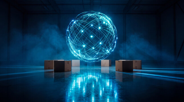 Glowing Global Logistics Network Connecting Cardboard Parcel