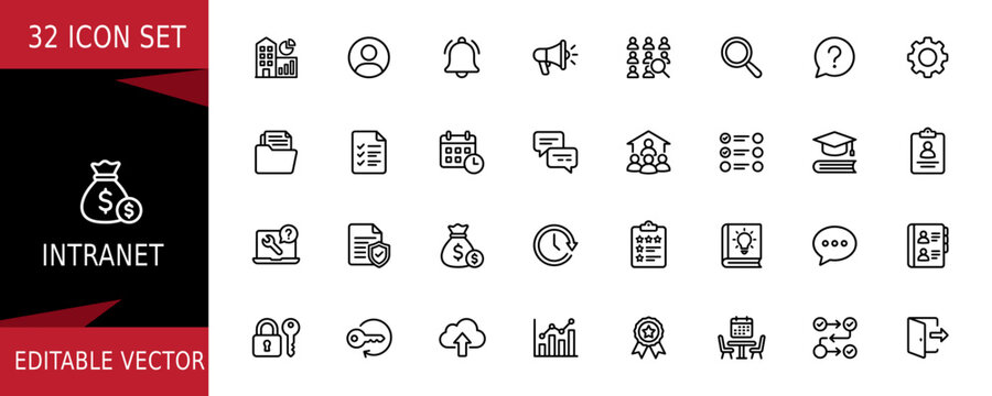 A comprehensive set of thirty two thin line intranet and business icons featuring various office tools communication symbols and management related vector graphics