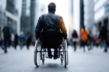 Obraz premium Navigating urban city street in wheelchair