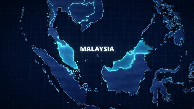 Glowing digital map of Malaysia with illuminated borders, layered topography, and typography on a dark tech grid, ideal for broadcast news graphics or corporate presentation backdrops.

