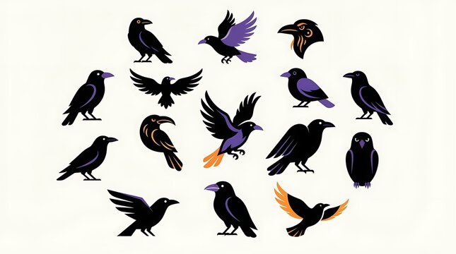 Set of hand drawn illustrations featuring various black crows and ravens in different poses and artistic styles