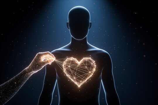 A glowing heart shaped constellation forms inside an empty human silhouette symbolizing emotional healing and inner reconstruction