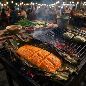Traditional Grilled Otak Otak Fish Cake in Banana Leaf Over Charcoal Grill at Night Market