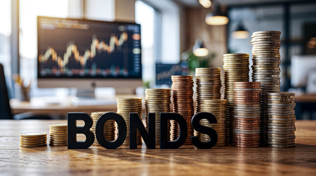 Word bonds made of black plastic letters sitting in front of stacks of metal coins representing saving and asset growth.