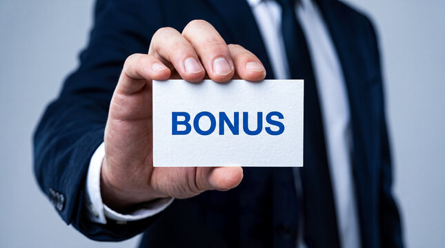 Professional business man in dark suit holding white card with bonus word written for employee incentive payment reward.