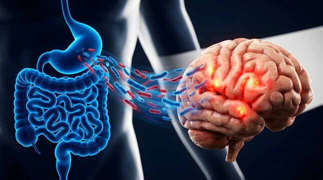 Gut brain axis illustration showing digestive health, intestinal microbiome, and neurological communication