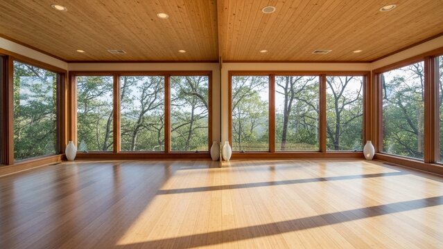 Empty modern minimalist living room with wood flooring and ceiling and floor to ceiling windows