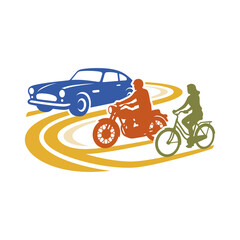 Naklejka premium Flat vector silhouettes of car motorcycle and bicycle on a road