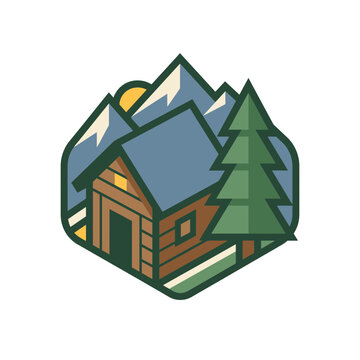 Wooden mountain cabin with evergreen tree in geometric badge