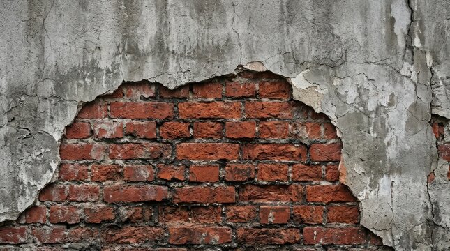 Close-up of aged and damaged brick wall with peeling paint