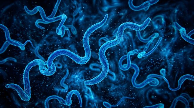 Blue microscopic worms and parasites creating an abstract biological research background