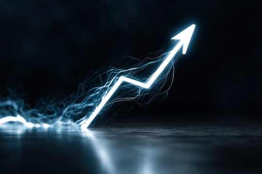 Glowing white zigzag financial arrow breaking limits