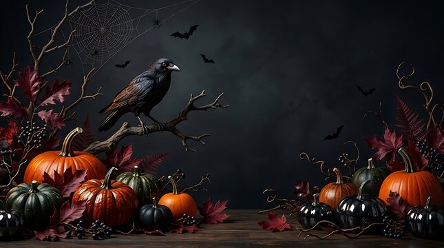 A spooky halloween scene featuring a black raven perched above glowing orange pumpkins background