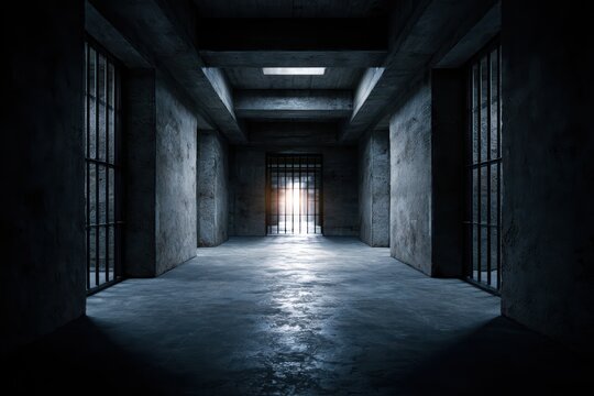 Interior view of old prison cells with iron bars