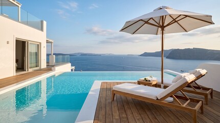 Fototapeta premium Luxury infinity pool with sea view in Santorini Greece