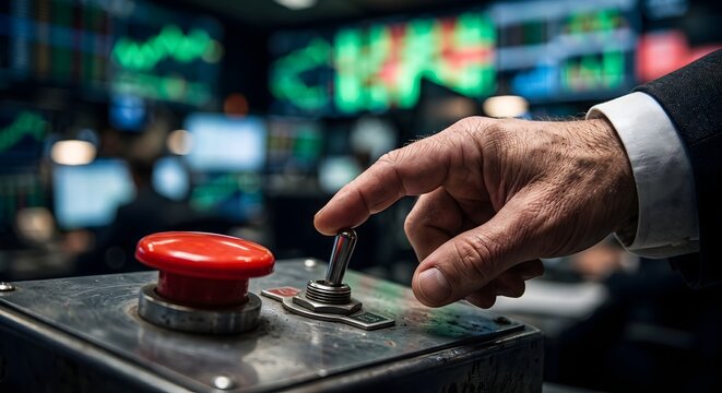 Businessman hand flips large metal switch on control panel with red button and digital monitors.