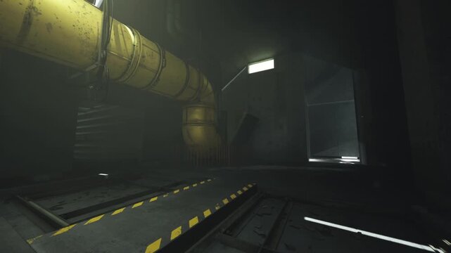 Service tunnel lit by emergency lights and faint glow, implied patrol route with sensor mounts, shadowed vents and maintenance access points, tense