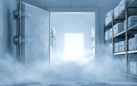 Inside a freezing cold storage room filled with icy fog, revealing shelves and an open door to bright light