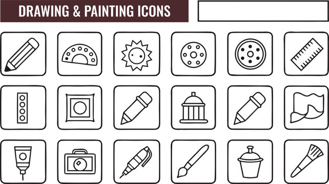 Eighteen linear and painting supply on white background, pencil brush