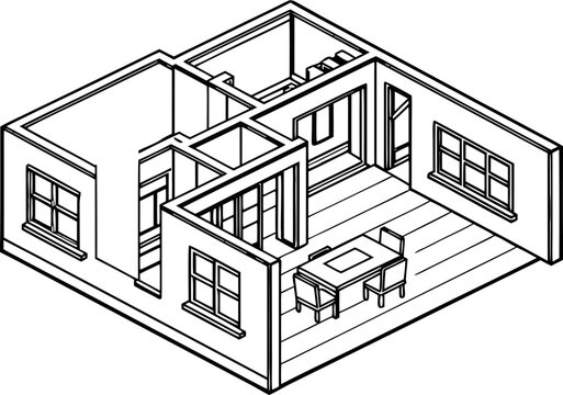 Isometric architectural floor plan of a house with dining furniture