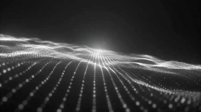 Abstract white neural network wave representing artificial intelligence and big data processing. Panning shot of glowing digital landscape. High resolution.