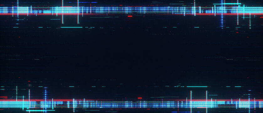 Digital cyber glitch frame with neon data distortion, scan lines and dark copyspace technology background