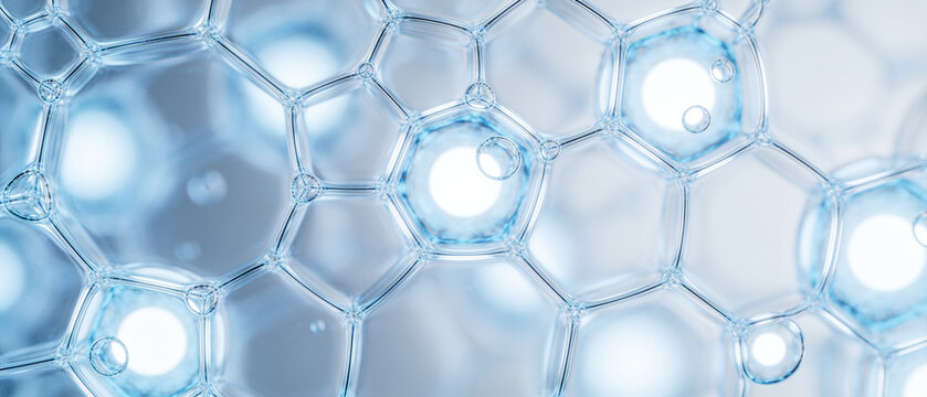Digital transparent cellular membrane with blue microscopic bubbles and molecular structure science background