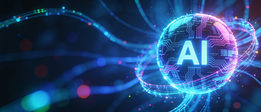 Digital artificial intelligence sphere with glowing circuits and futuristic data network background