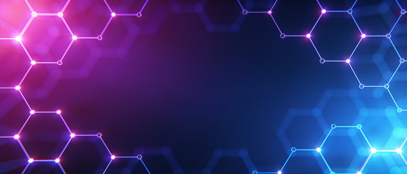 Digital molecular hexagon network with glowing neon connections and copyspace background