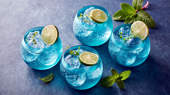 Cool blue refreshing drinks with ice, lime slices and fresh mint served in vibrant turquoise glasses on dark blue background