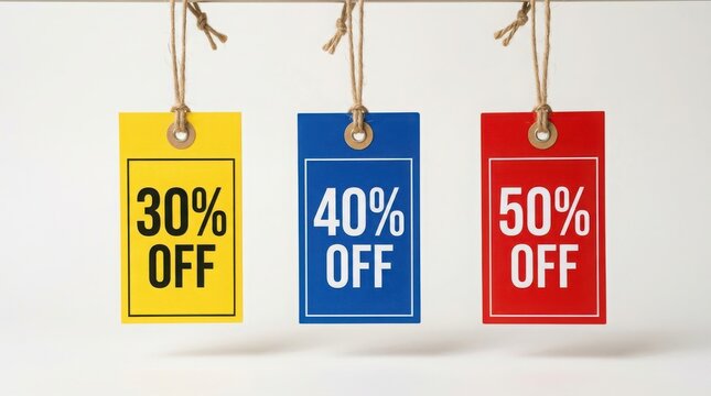 Three colorful sale tags showing thirty forty and fifty percent off discounts for shopping