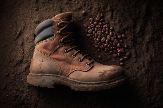 worn hiking boot on dirt with coffee beans