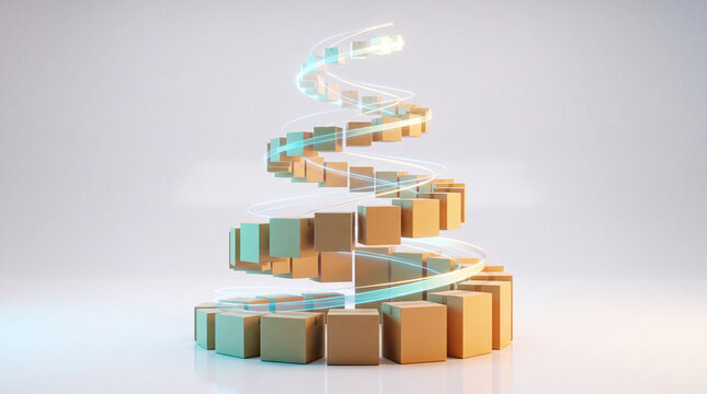Spiral Cardboard Parcel Tower Wrapped in Glowing Light Trails