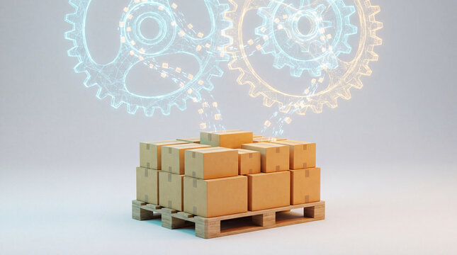 Automated Supply Chain Gears Operating Above Palletized Cargo
