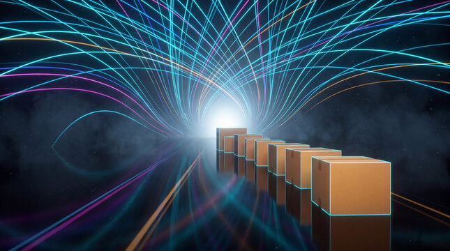 Cardboard Parcel Queue Entering a Connected Distribution Hub