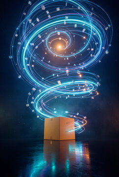 Cardboard Parcel Beneath a Swirling Digital Logistics Vortex