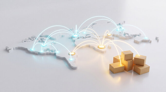 Global Delivery Routes Linking Cardboard Parcel Across World Map