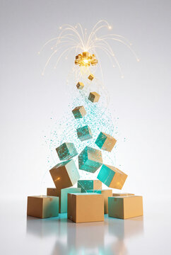 Cardboard Parcel Rising Through a Glowing Digital Particle Vortex