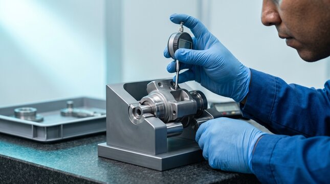 Hands verify precision component with a factory tolerance fixture