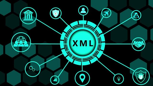 XML data structure technology icons network with glowing blue digital interface information exchange system coding markup language concept motion graphics 4k visuals