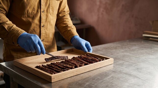 Hands inspect dried borts for small batch food production