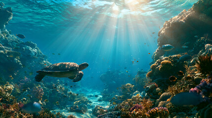 Vibrant coral reef underwater scene with sunlight rays and marine life in crystal clear ocean © Sarah