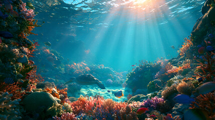 Vibrant coral reef underwater scene with sunlight rays and diverse marine life in tropical ocean © Sarah