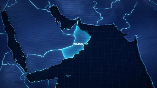 Stylized digital map animation highlighting Oman, Middle East, with glowing blue borders and a grid background, ideal for an educational geography presentation backdrop.
