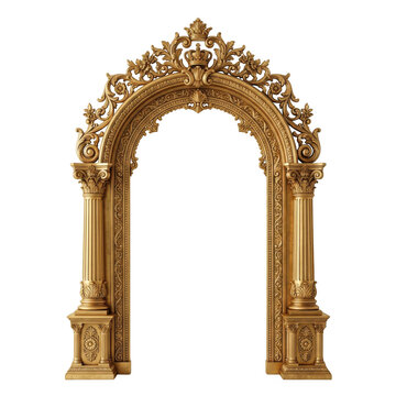 Ornate golden archway featuring a crown motif and classical columns isolated on a white background, for architectural and decoration isolated on a transparent background