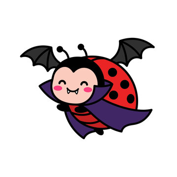 Kawaii vampire ladybug vector, cute halloween beetle character with bat wings, spooky ladybird mascot in dracula cape isolated on White Background Halloween