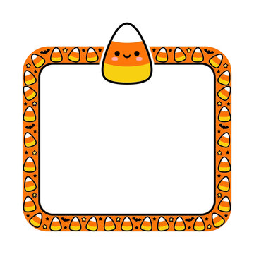 Kawaii Halloween candy corn frame, cute orange festive border with smiling sweets, decorative autumn holiday stationery svg isolated on White Background Halloween