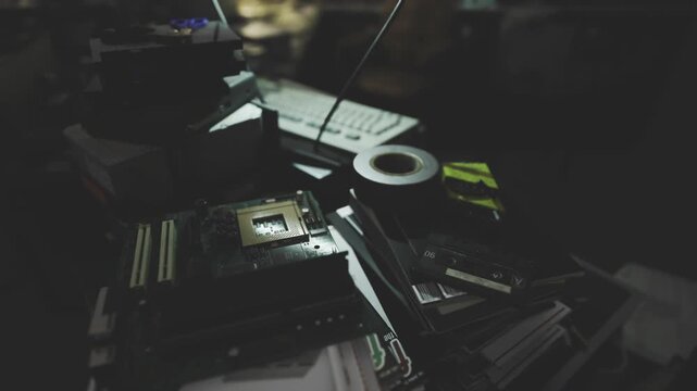 Stack of circuit boards on repair workbench, solder tape tools scattered, dim workshop lighting, focused diagnostic atmosphere, maker culture vibe